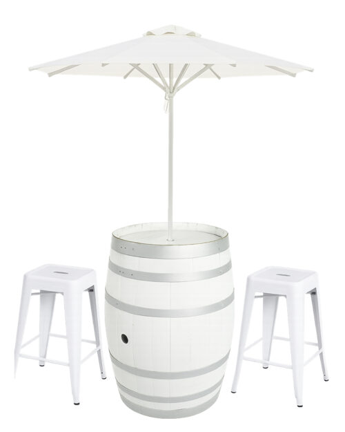 White Barrel Umbrella with stools hire Adelaide