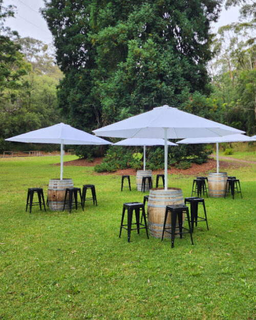Barrel with Umbrella & 4 Stools Hire Adelaide